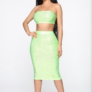 Neon Green Rhinestone Skirt Set